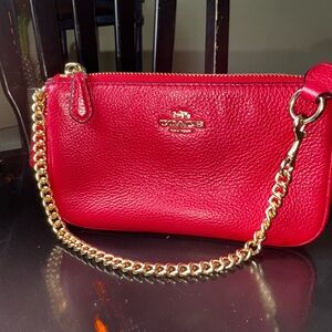 Coach Vibrant Red Leather Wristlet with Gold Chain